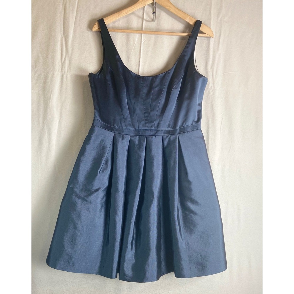Adrianna Papell Boutique Silk Blend Pleated Cocktail Dress Blue Size 12 Pockets